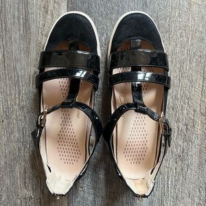 Black patent T-strap flats